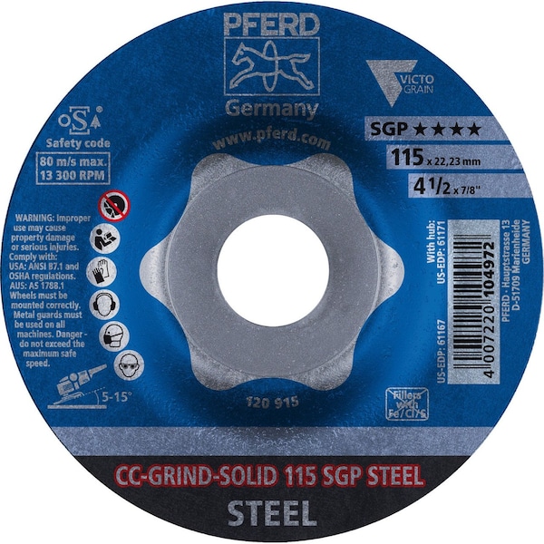 Pferd 61167 4-1/2in CC-Grind-Solid - 7/8in A.H. - SGP Steel Victograin 61167-PFERD - main